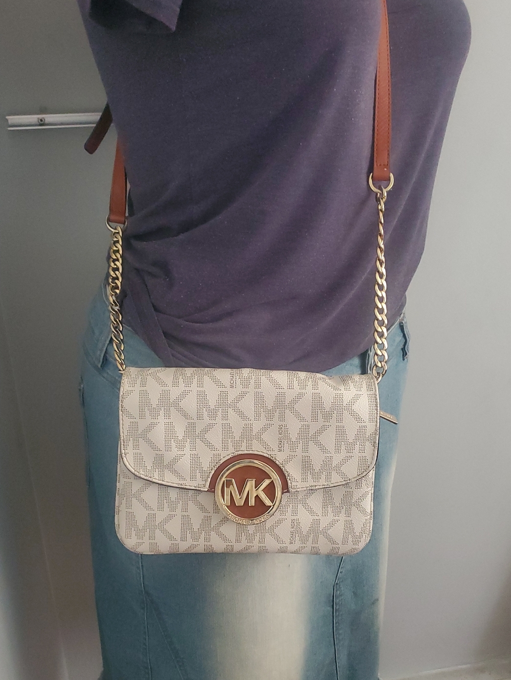 Michael Kors Fulton Flap Gussett Beige Logo Crossbody Bag with Brown Trim